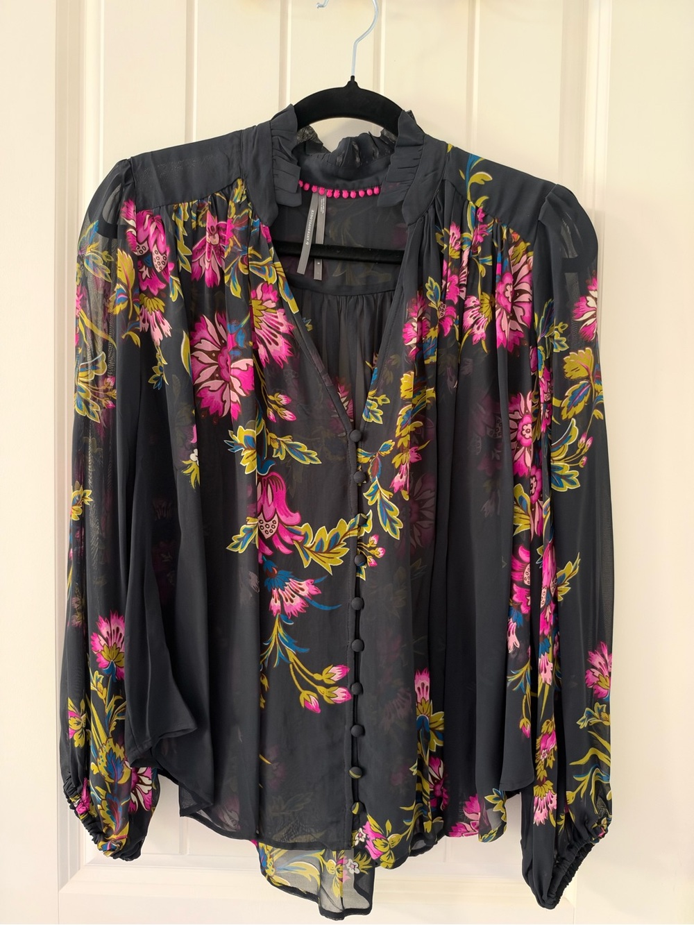 Anthropologie Navy Blue Sheer Blouse with Pink Floral Print
